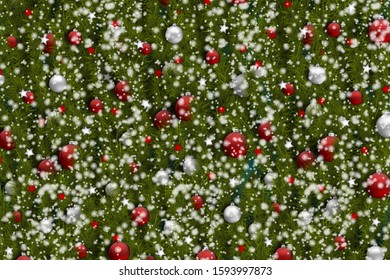 Christmas banner design. Merry Xmas and Happy New Year cover concept. Green fir tree branches, red and white baubles, stars, and snow. Realistic vector illustration.