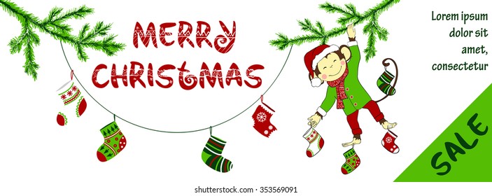 Christmas banner design. One of a set - holidays banners. Can be used for flyers, banners or posters. Vector illustration with cute hand drawn monkey.