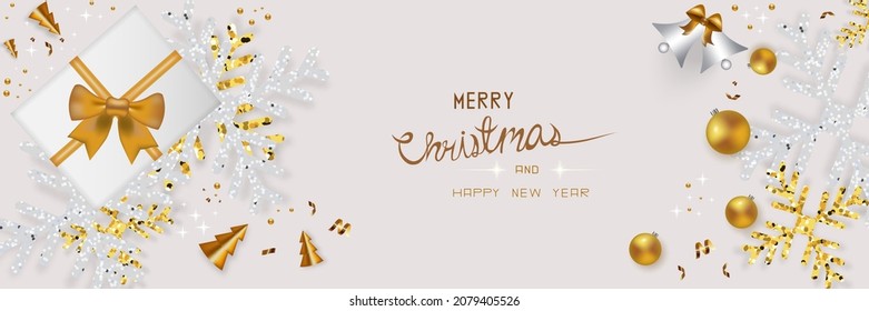 Christmas banner. Design of realistic gift box, snowflakes, bell, trees, and glitter gold balls. The concept for  Merry Christmas poster, headers website, or profile cover, flyer. Vector illustration.