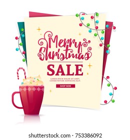 Christmas banner design template for sale. A mock-up with a decor of a colored garland and a hot  sweet Christmas drink in a mug. Vector