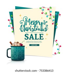 Christmas banner design template for sale. A mock-up with a decor of a colored garland and a hot  sweet Christmas drink in a mug. Vector