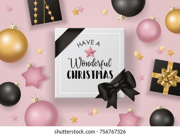 Christmas banner design with typography, baubles decorations and gift boxes. Flat lay style