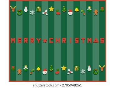 Christmas banner design. Vector illustration. Cute Christmas icon pattern. Green striped background.
