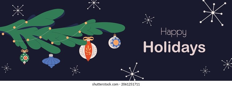 Christmas banner design with vintage baubles on Xmas tree branch. Winter holiday background for Happy New Year. Festive horizontal card with firtree twig and ornament. Colored flat vector illustration