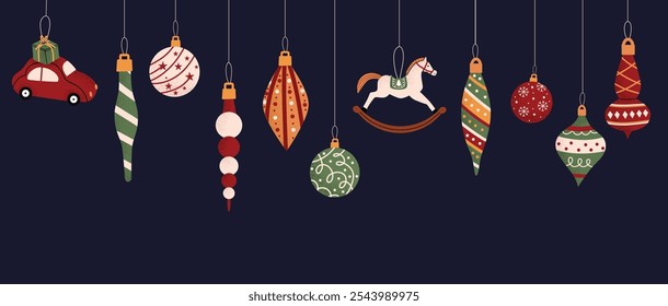 Christmas banner with different decorative toys, balls. Cute Winter holiday background for Happy New Year greetings. Color flat vector illustration with blue isolated background. 