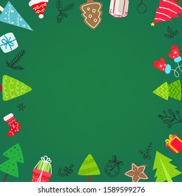 Christmas banner with different holiday accesories. Copy space for greetings