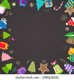 Christmas banner with different holiday accesories. Copy space for greetings
