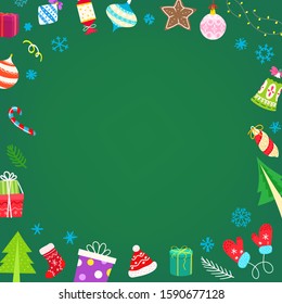 Banner de Natal com diferentes acessórios de férias. Copiar espaço para saudações
