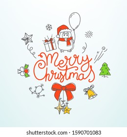 Christmas banner with different holiday accesories. Doodling style illustration