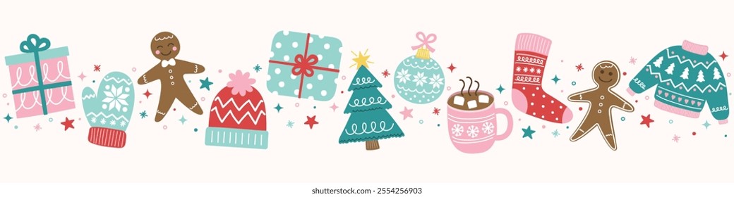 Christmas banner with doodle elements. Christmas tree, ball, present, sock, cookie, cup, hat, gloves. Vector illustration