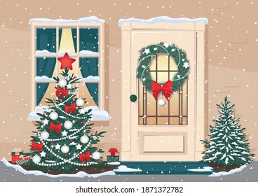 Christmas banner with Christmas door, window, fir tree and festive decorations in snowfall. Cartoon style. Merry Christmas and a Happy New Year.