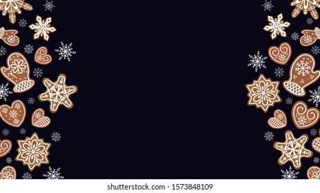 Christmas banner with a double-sided vertical border of Christmas ginger cookies on a dark background