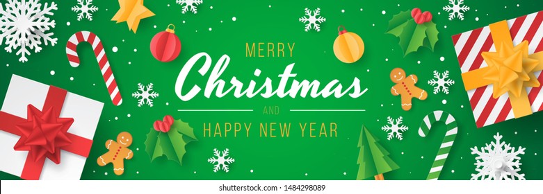 Christmas banner with christmas element on green background. Papercut style. Vector illustration