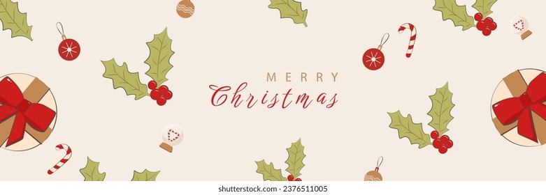 Cartel de Navidad con elementos de navidad y caja de regalos. Afiches de navidad horizontal, tarjetas de felicitación, cabeceras, sitio web