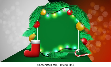 Christmas banner with empty space for your text, Xmas sparkling lights garland with Christmas tree branches and balls. Christmas posters, cards, covers, headers, website. Vector illustration 