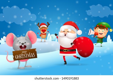 Christmas banner with excited Santa Clause. Fairy tale characters on blue winter background. Lettering can be used for greeting card, poster, leaflet