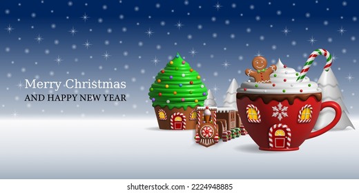 christmas banner with fantasy landscape. christmas background with sweet shaped houses and gingerbread train. 