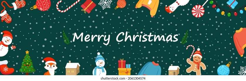 Christmas banner. Festive background with mittens, toy, candy cane, gift, snowflake, sweater, llama, garland, gingerbread man. Greeting card, poster, for a website.