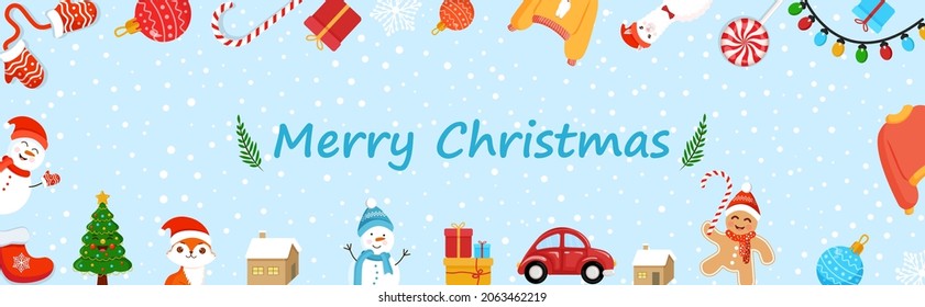 Christmas banner. Festive background with mittens, toy, candy cane, gift, snowflake, sweater, llama, garland, gingerbread man, red car, snowman, fox, tree, sock. Greeting card, poster, for a website.