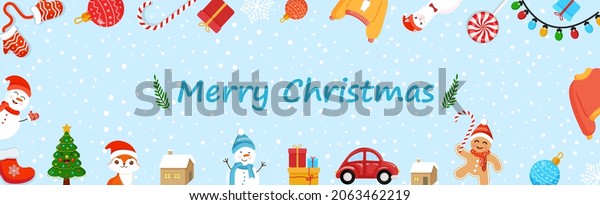 Christmas banner. Festive background with\
mittens, toy, candy cane, gift, snowflake, sweater, llama, garland,\
gingerbread man, red car, snowman, fox, tree, sock. Greeting card,\
poster, for a\
website.