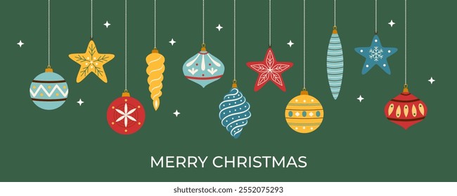 Christmas banner of festive hanging Christmas ornaments on green background. Vector flat illustration. 