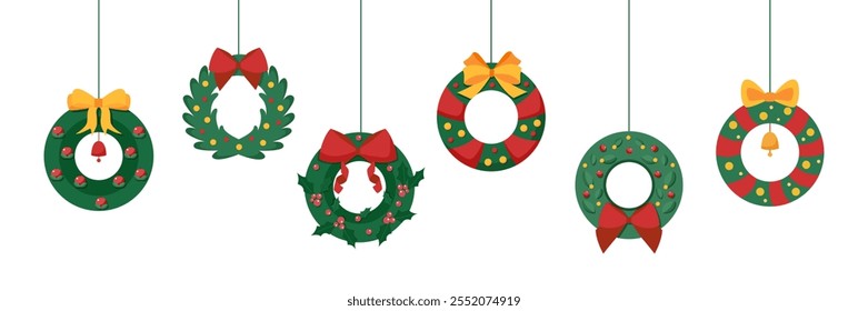Christmas banner of festive hanging Christmas wreathes on white background. Vector flat illustration. 