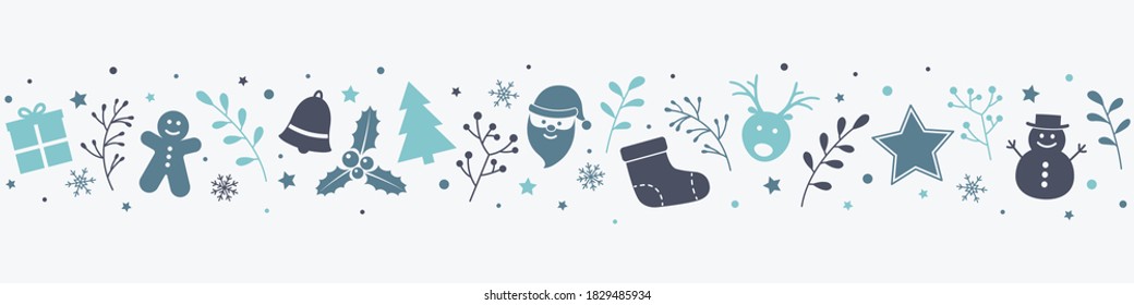 Christmas banner with festive icons. Concept of Xmas decoration. Vector