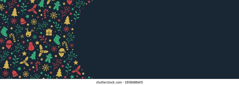 Christmas banner with festive icons. Concept of Xmas decoration with copyspace. Vector