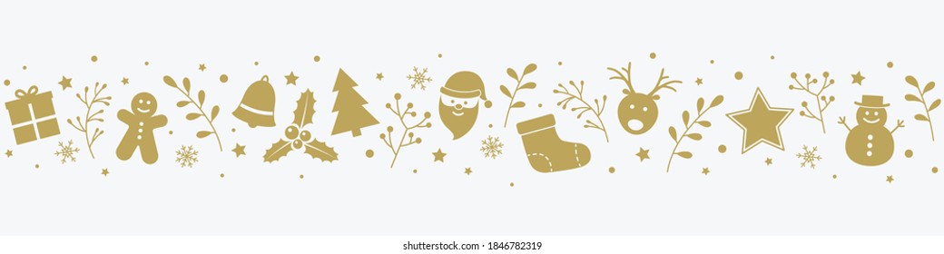 Christmas banner with festive icons. Design of Xmas ornament. Vector