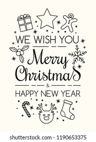 Christmas banner with festive ornaments and greetings. Vector. 
