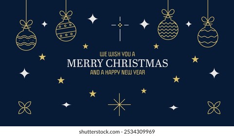 Christmas banner with festive ornaments. Vector dark blue background, poster or card with Merry Christmas and a Happy new year message