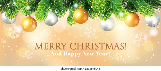 Christmas banner with fir branch border and Christmas balls. Vector illustration.