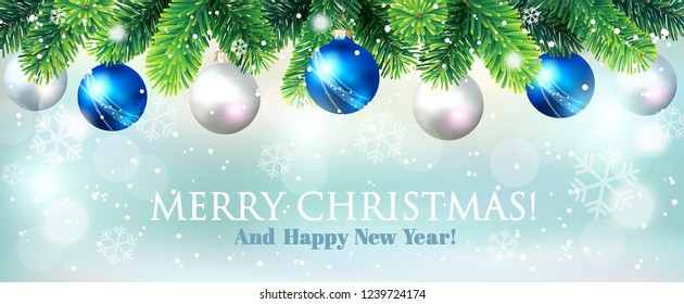Christmas banner with fir branch border and Christmas balls. Vector illustration.