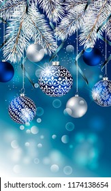 Christmas banner with fir branches decorated ribbons and balls. Vector Christmas design for greeting card, party invitation, holiday sales.