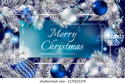 Christmas banner with fir branches decorated ribbons and balls. Vector Christmas design for greeting card, party invitation, holiday sales.