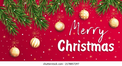 Christmas Banner With Fir Branches Decorated With Gold Balls And Snow. Merry Christmas Text. Horizontal Christmas Poster, Greeting Card, Headers For Website. 