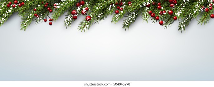 Christmas banner with fir branches and holly berries. Vector illustration.