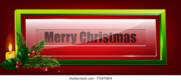 Christmas banner with fir branches, mistletoe, candles and a square frame with glass