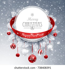 Christmas banner with fir branches and red balls on snow sparkling background. Vector illustration