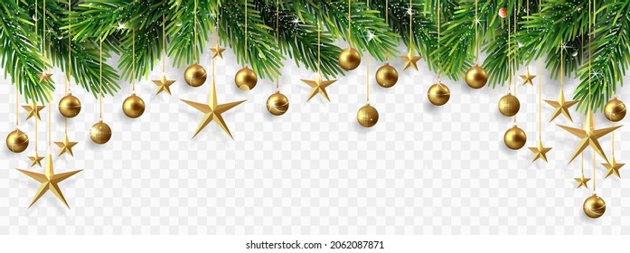 Christmas banner with fir branches, stars and christmas balls isolated on transparent background.
