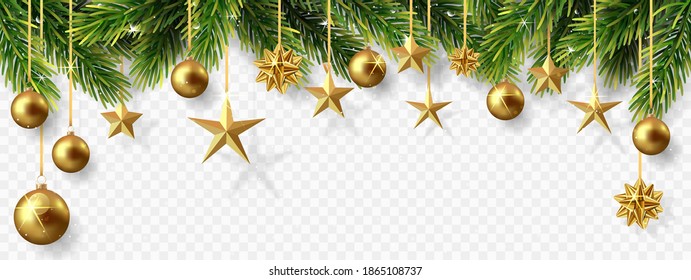 Christmas banner with fir branches,bow, stars and christmas balls isolated on transparent background. 