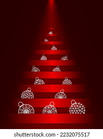 Christmas banner with fir decorative tree from pockets with balls. Christmas decoration on a red background. Festive design for the winter holidays, events, discounts, sales. Vector illustration.