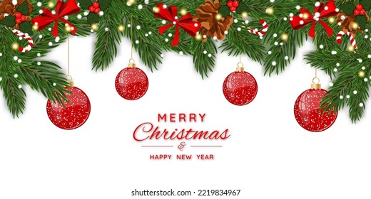 Christmas banner with fir tree branches, balls, garland, bow, candy and snowflakes. Festive design for the winter holidays, events, discounts, and sales. Vector illustration.