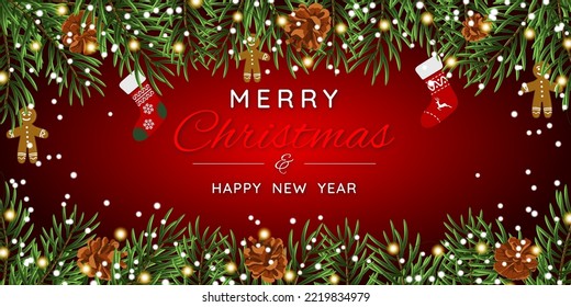 Christmas banner with fir tree branches, socks, gingerbread man and snowflakes. Festive design for the winter holidays, events, discounts, and sales. Vector illustration.