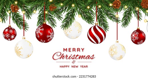 Christmas banner with fir tree branches, balls, garland, bow, candy and snowflakes. Christmas tree branches on white background. Festive design for winter holiday, discount, sale. Vector illustration