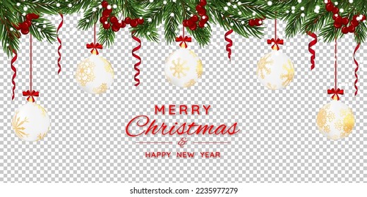 Christmas banner with fir tree branches, balls, garland and snowflakes. Christmas tree branches on a transparency grid background. Vector illustration.