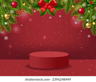 Christmas Banner With Fir Tree Red Background With Gradient Mesh, Vector Illustration