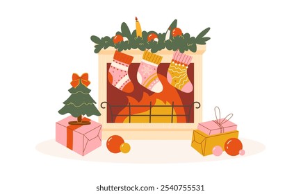 Christmas banner with fireplace and presents