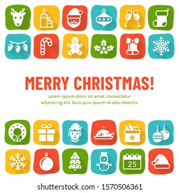 Christmas banner with flat icons and copy space. Vector background with holiday symbols on colorful squares and with place for text. Merry Christmas greeting card.