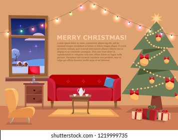 Christmas banner with flat vector illustration of living room decorated for holidays. Cozy home interior with furniture, sofa, armchair, window to winter landscape, Christmas tree with gifts, garland